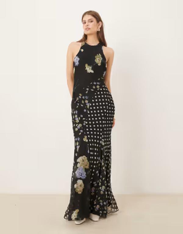 エイソス レディース トップス ワンピース フラワー柄 プリント マキシ フラワー ASOS DESIGN racer neck bias maxi dress with godet hem in mixed floral spot print Floral spot print