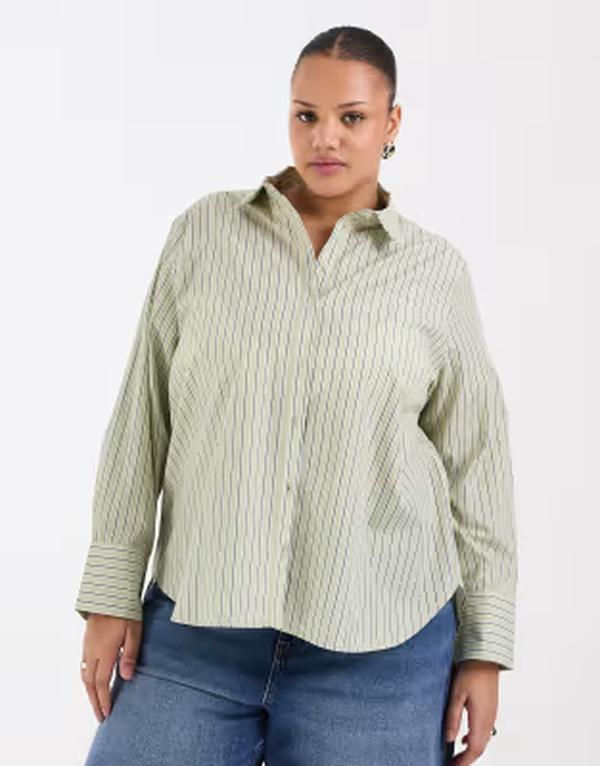 オンリーカーブ レディース トップス シャツ ONLY Curve long sleeve shirt stripe GREEN グリーン