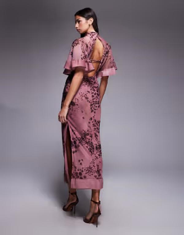 エイソス レディース トップス ワンピース シフォン アニマル柄 プリント サテン コントラスト ASOS DESIGN half wide sleeves column chiffon and satin contrast dress abstract animal print Pink Abstract Animal Print ピンク｜ReVida 店
