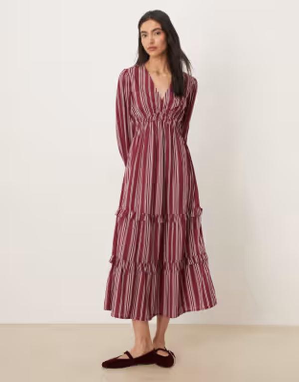 ウェンズデーガール レディース トップス ワンピース Wednesday's Girl floaty midaxi dresstripes Burgundy バーガンディ