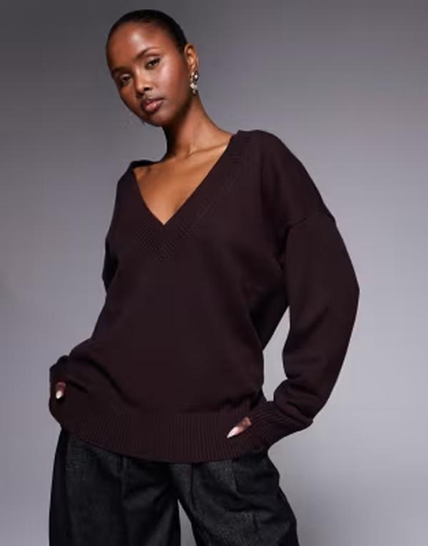 グッドアメリカン レディース アウター ニット・セーター Good American deep V knit sweater in bark BROWN ブラウン