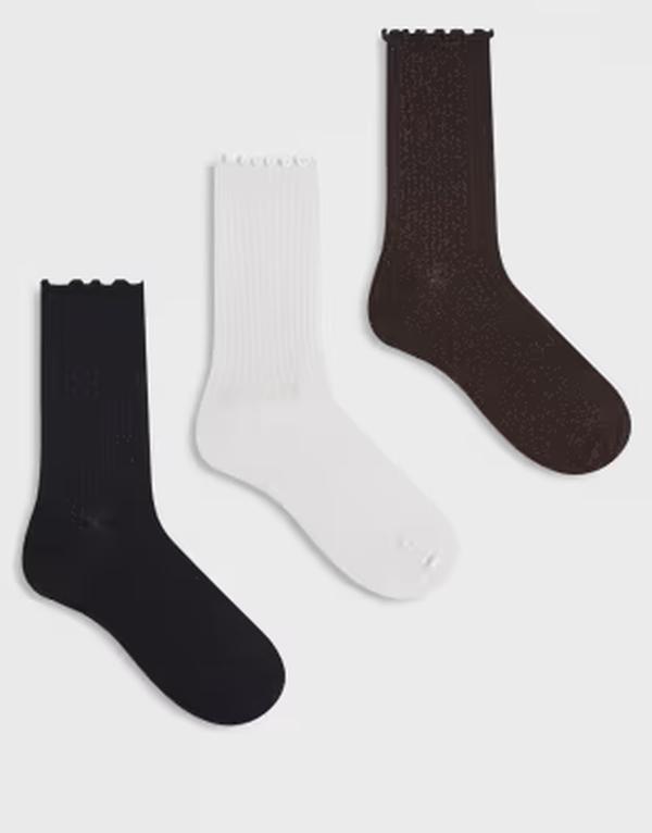 ヴェロモーダ レディース アンダーお召しもの ソックス Vero Moda 3 pack glitter socks with frill edges white and chocolate Black/White/Brown 白いこと