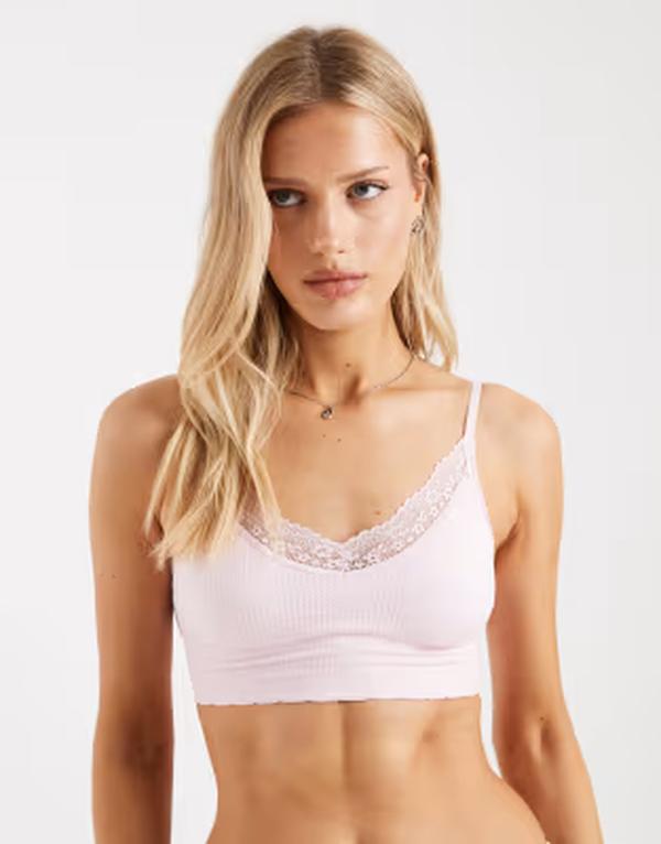コットンオン レディース アンダーウェア ブラジャー レーストリム レース Cotton seamless longline lace trim bralette PINK ピンク