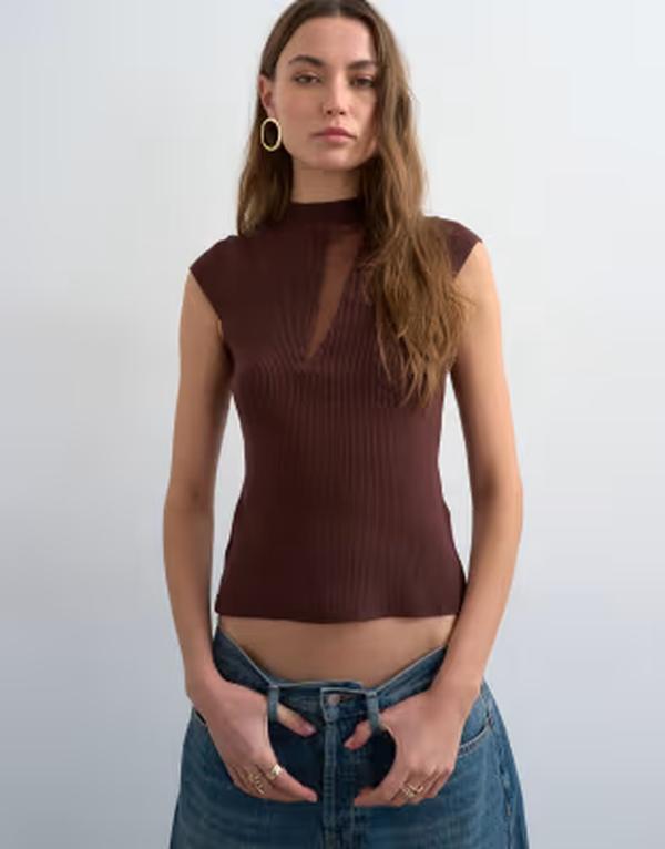 トップショップ レディース トップス ポロシャツ シアー キャップ ニット Topshop knit sheer mix cap sleeve top in chocolate チョコレート