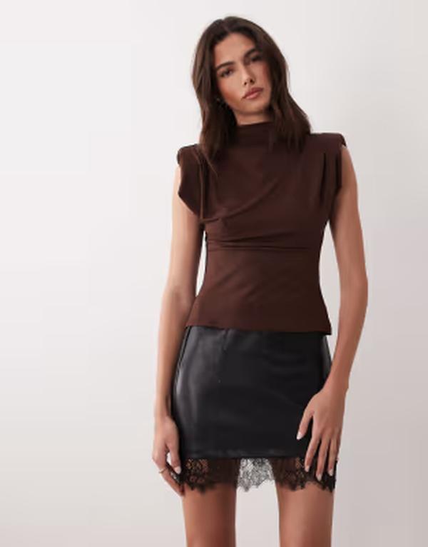 エイソス レディース 下つ方スコート ミニ スピード競技 ASOS DESIGN PU mini skirt with lace hem detail Black 黒いこと レディースファッション-スカート