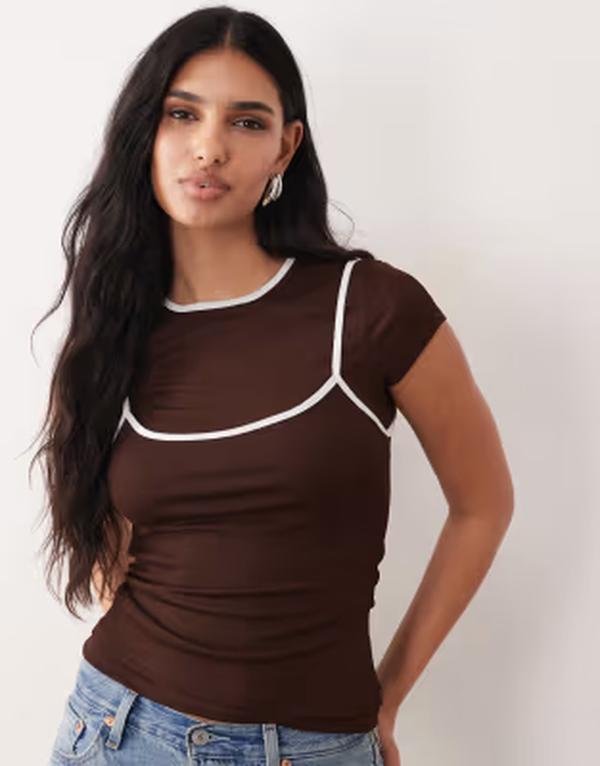 エイソス レディース トップス Tシャツ シアー コントラスト ASOS DESIGN sheer double layer top with contrast binding in chocolate & cream クリーム