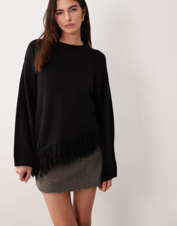 エイソス レディース アウター ニット・セーター アシンメトリー フリンジ ASOS DESIGN knit asymmetrical hem sweater with fringe Black ブラック