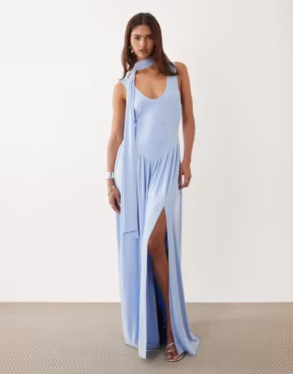 エイソス レディース トップス 衣装 マキシ ASOS DESIGN slinky maxi dress with scarf detail インチ pale Blue 青み