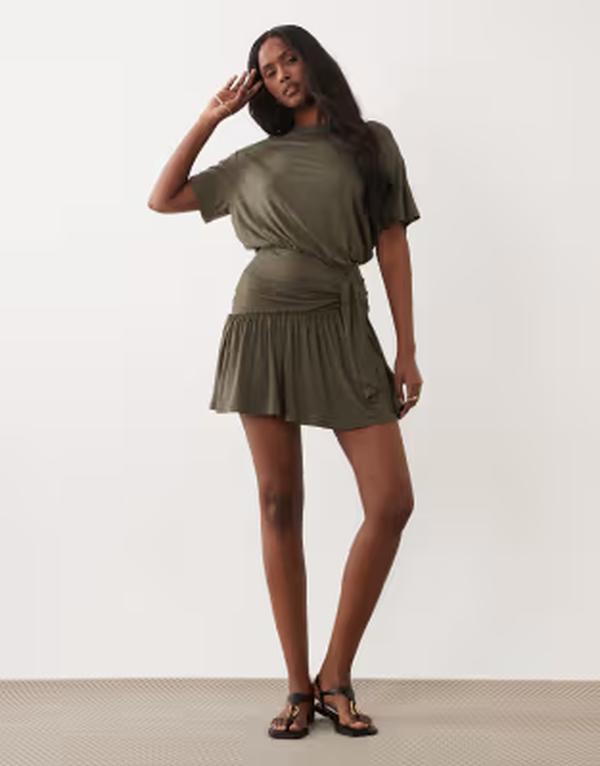エイソス レディース トップス 衣装 ミニ ASOS DESIGN peplum hemini dress with tied knot detail Khaki カーキ
