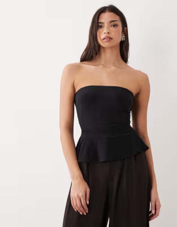 エイソス レディース トップス プルオーバー スピード競技 ASOS DESIGN bandeau peplum top with lace up back detail Black 黒いこと