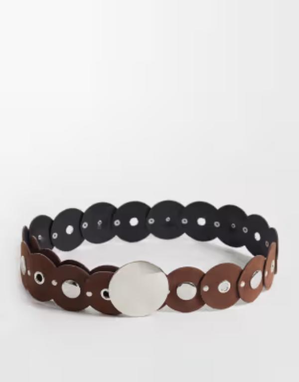 エイソス レディース アクセサリー ベルト ASOS DESIGN circle disc belt with silver hardware BROWN ブラウン