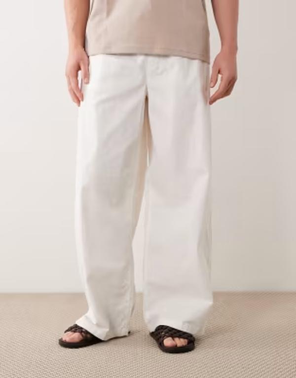 エイソス メンズ ボトムス 心地好いズボン下 リネン ASOS DESIGN loose linen blend pants WHITE 白いこと