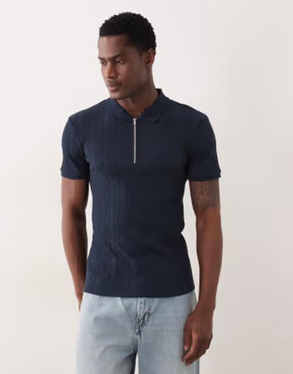 エイソス メンズ トップス ポロシャツ ASOS DESIGN muscle fit zipolo rib Sky captain ネイビー