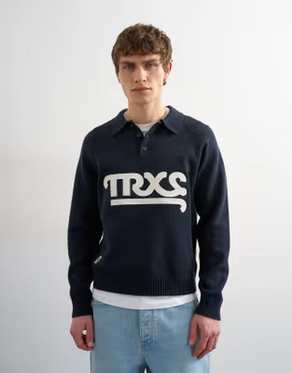 トップマン メンズ アウター ニット・セーター ポロシャツ Topman classic fit knit rugby polo with applique text NAVY ネイビー|ReVida 店