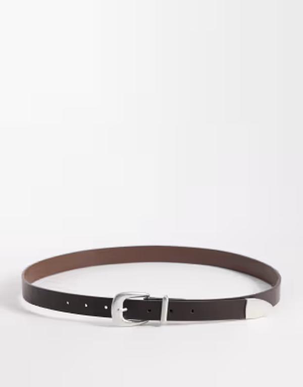 エイソス メンズ 付属品 胴締め ASOS DESIGN skinny belt with silver curve buckle and metal tip BROWN 赤銅色