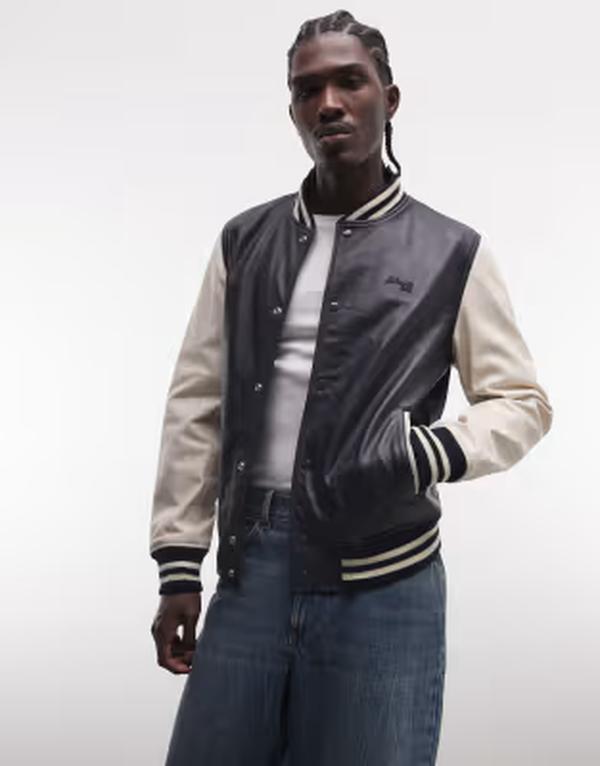 スコット メンズ アウター ジャケット・ブルゾン レザー Schott leather varsity jacket and Navy/Off White オフホワイト