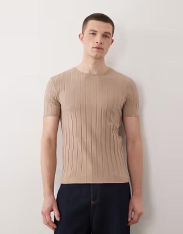 エイソス メンズ トップス Tシャツ ASOS DESIGN slim wide rib T-shirt Mocha meringue モカ