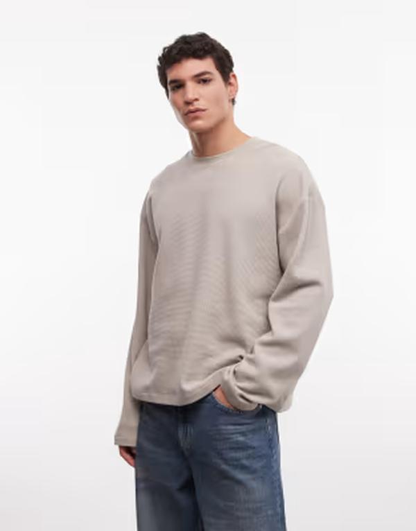 エイソス メンズ トップス Tシャツ ASOS DESIGN oversized boxy long sleeve T-shirt heather waffle SWEATSHIRT GRAY グレー