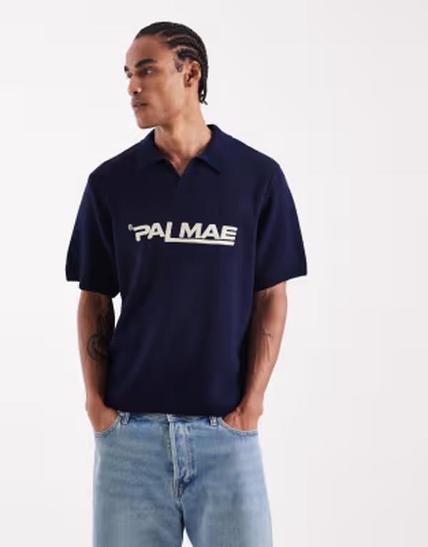 エイソス メンズ トップス ポロシャツ ニット グラフィック ASOS DESIGN oversized knit notch neck polo shirt with PALMAE graphic NAVY ネイビー