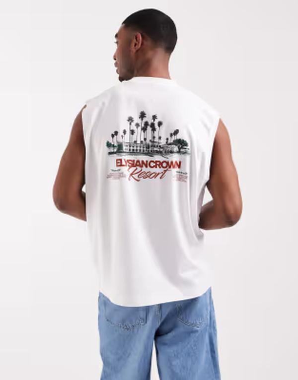 エイソス メンズ トップス ベスト グラフィック ASOS DESIGN oversized tank with resort graphic WHITE ホワイト
