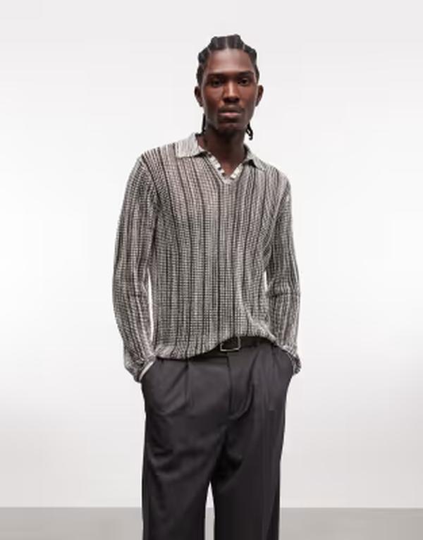 エイソス メンズ トップス スポーツシャツ メッシュ 編み物 ASOS DESIGN knit long sleeve mesh notch neck polo インチ multicolor Multi マルチ色つや