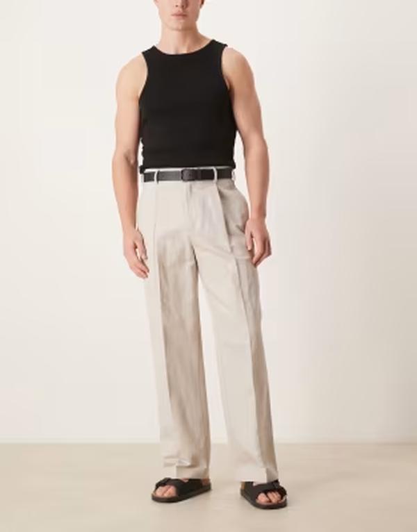 エイソス メンズ ボトムス カジュアルパンツ ワイドレッグ プリーツ リネン ASOS DESIGN pleated linen rich wide leg dress pants in stone ストーン