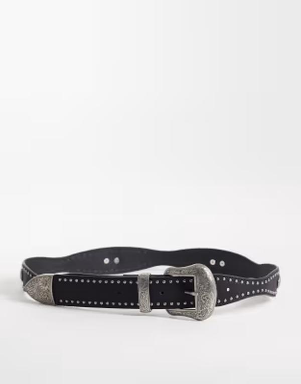 エイソス メンズ アクセサリー ベルト レザー フェイクレザー ASOS DESIGN faux leather studded western belt with engraved-texture silver-tone buckle Black ブラック