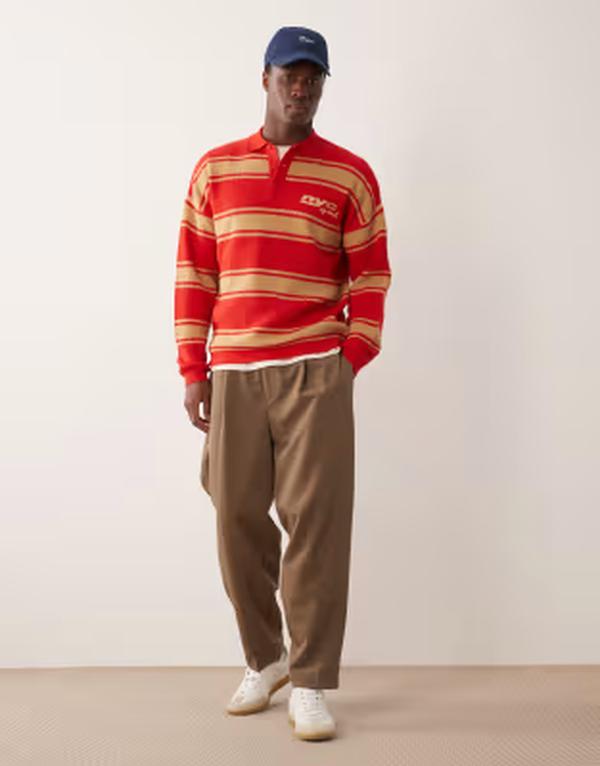 エイソス メンズ トップス スポーツシャツ 編み物 ASOS DESIGN relaxed knit long sleeve polo shirt with chest embroidery and red stripes Beige/ red 赤いこと