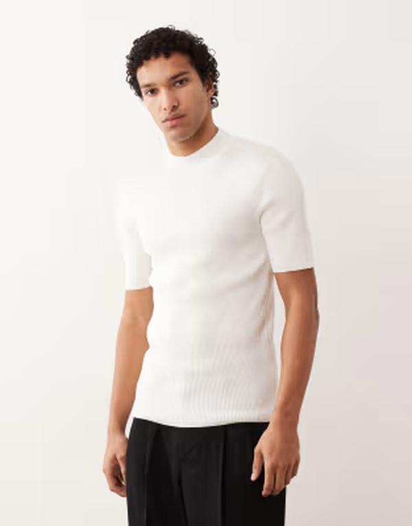エイソス メンズ トップス Tシャツ タートルネック リブ コットン ニット ASOS DESIGN muscle fit knit cotton blend ribbed turtleneck T-shirt in off-white オフホワイト