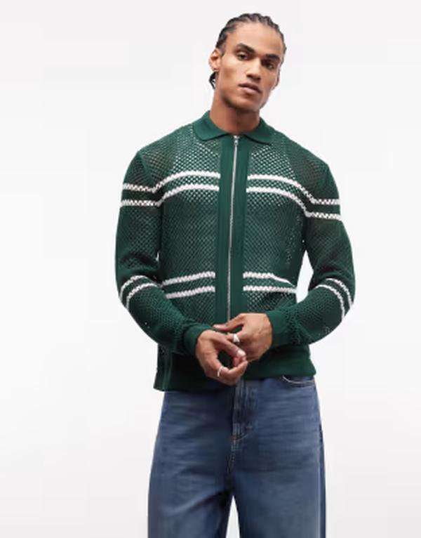 エイソス メンズ アウター ジレー 編み物 ASOS DESIGN relaxed knit airtex zip up striped cardigan インチ dark GREEN 緑であること