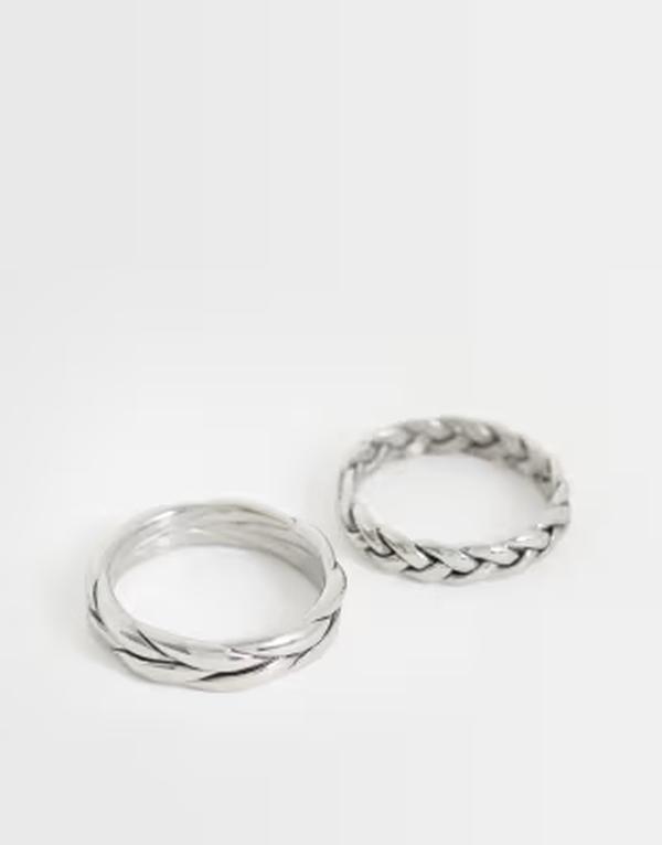 エイソス メンズ 添え物 輪っか ティーシャツ ASOS DESIGN waterproof stainlessteel 2 pack braided rings tone SILVER しろがね色