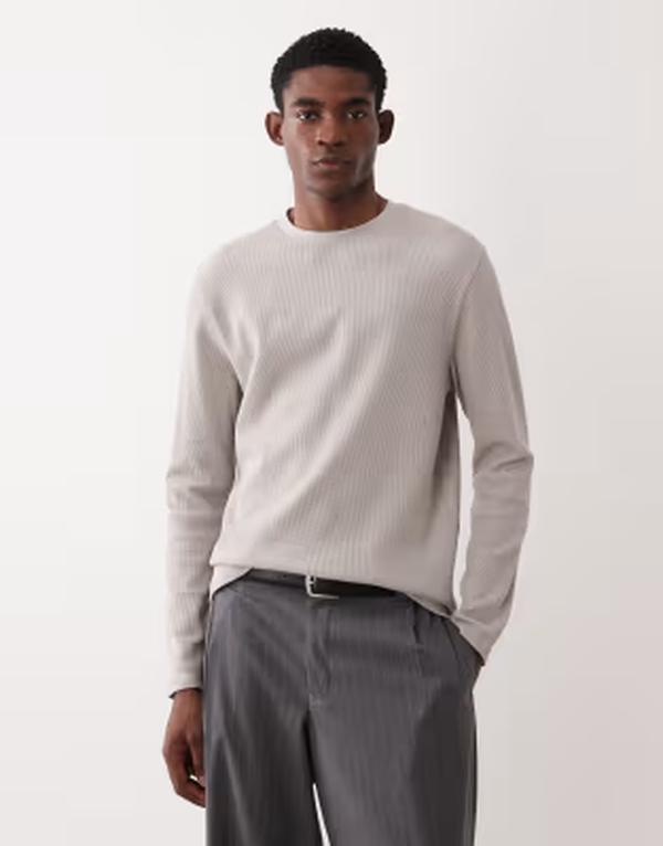 エイソス メンズ トップス Tシャツ ニット ASOS DESIGN long sleeve t-shirt in stone waffle knit SWEATSHIRT GRAY グレー｜ReVida 店