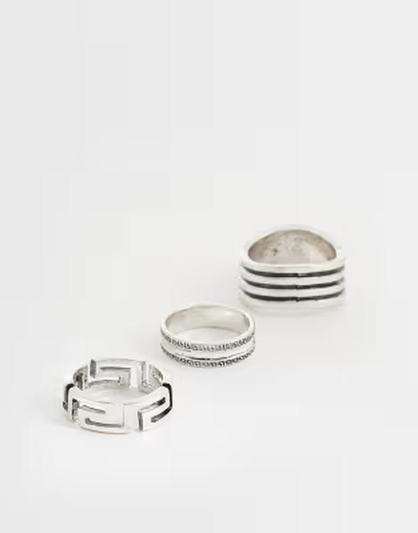 エイソス メンズ 佩び物 輪っか ASOS DESIGN 3 pack greek wave and layered ring tone SILVER しろがね色