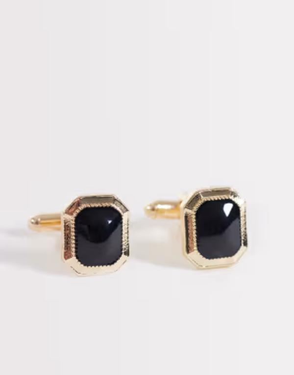 エイソス メンズ 付属物 カフスリンク ASOS DESIGN black stone with texturedetail edge cufflinks GOLD ゴールド