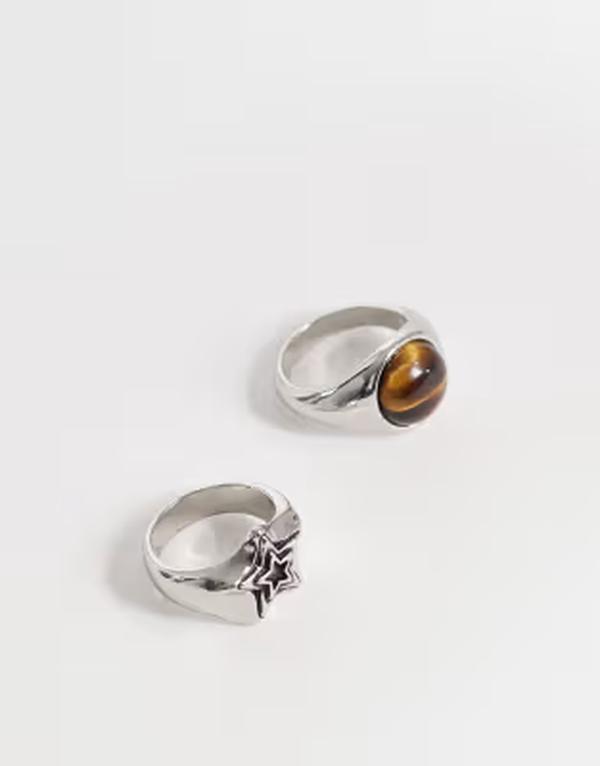 エイソス メンズ 佩び物 輪っか ASOS DESIGN 2 pack semi-precious tigers eye and star signet ring tone SILVER しろがね色