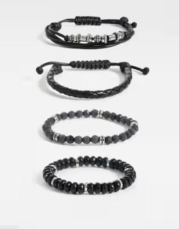 エイソス メンズ アクセサリー ブレスレット・バングル・アンクレット ASOS DESIGN 5 pack faceted bead and fabric bracelet Black ブラック