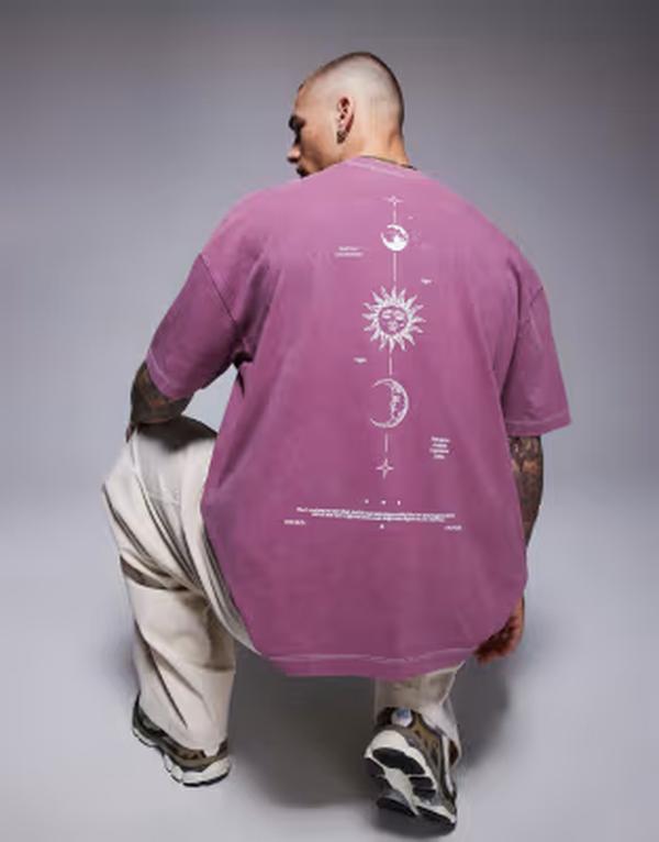 エイソス メンズ トップス Tシャツ プリント ASOS DESIGN oversized T-shirt in heavyweight 220gsm washed pink with celestial spine print Zephyr ピンク