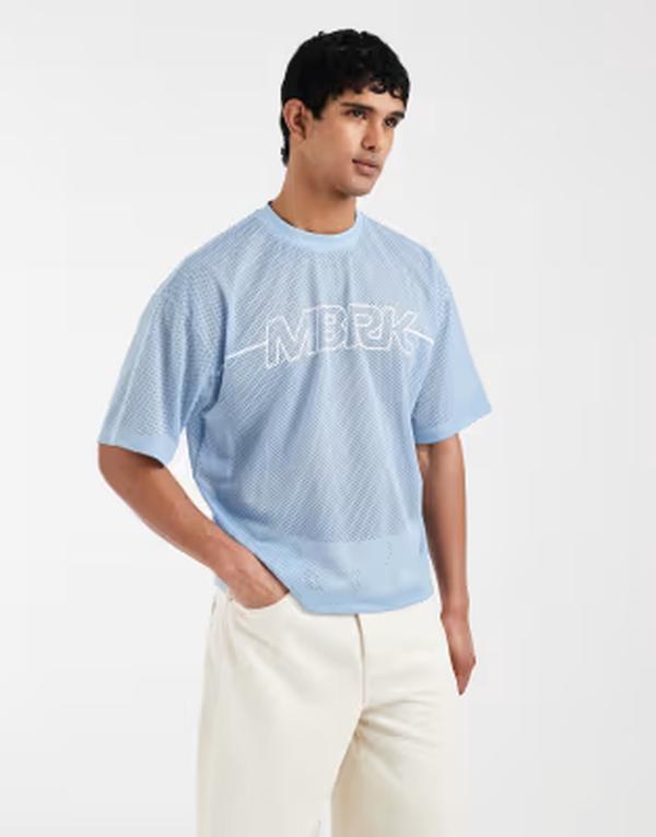 エイソス メンズ トップス Tシャツ ASOS DESIGN boxy oversized t-shirt in light blue airtex fabric Ashleigh blue ブルー