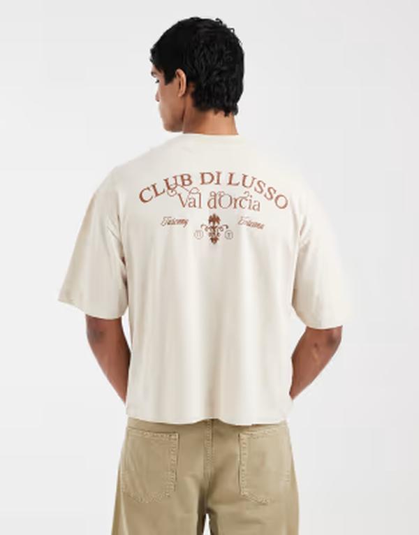 エイソス メンズ トップス Tシャツ リネン グラフィック ASOS DESIGN boxy oversized linen look t-shirt with back text graphic BEIGE ベージュ