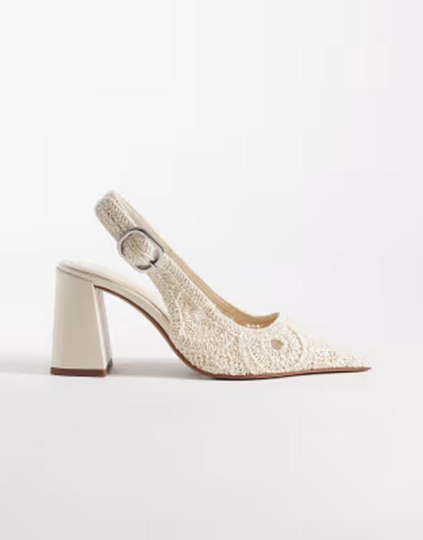 エイソス レディース シューズ ヒール ASOS DESIGN Surrey slingback mid block heels crochet Natural crochet ホワイト｜ReVida 店 14,950円