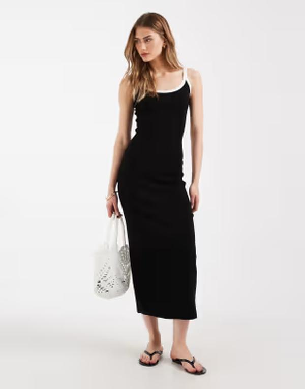 エイソス レディース トップス ワンピース リブニット ミディ コントラスト ニット ASOS DESIGN rib knit midi dress with white contrastrim Black & white ホワイト