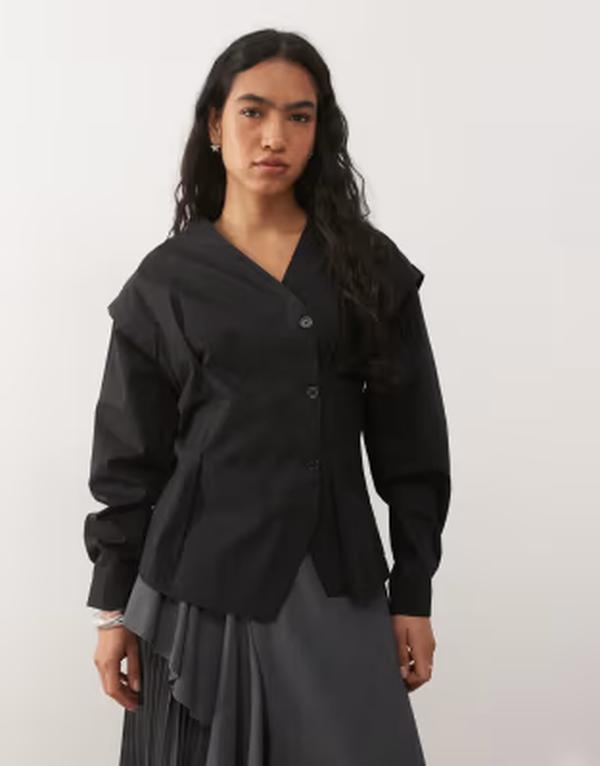 リクレイム ヴィンテージ レディース トップス シャツ アシンメトリー Reclaimed Vintage asymmetric button up shirt with panel details black ブラック｜ReVida 店