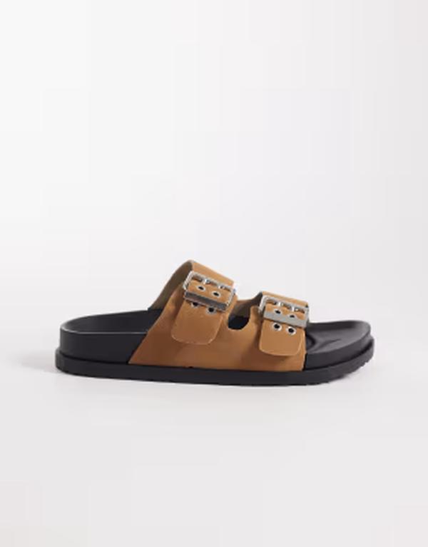 ロンドンレベル レディース シューズ サンダル London Rebel Morgan double buckle flat sandals in tan タン