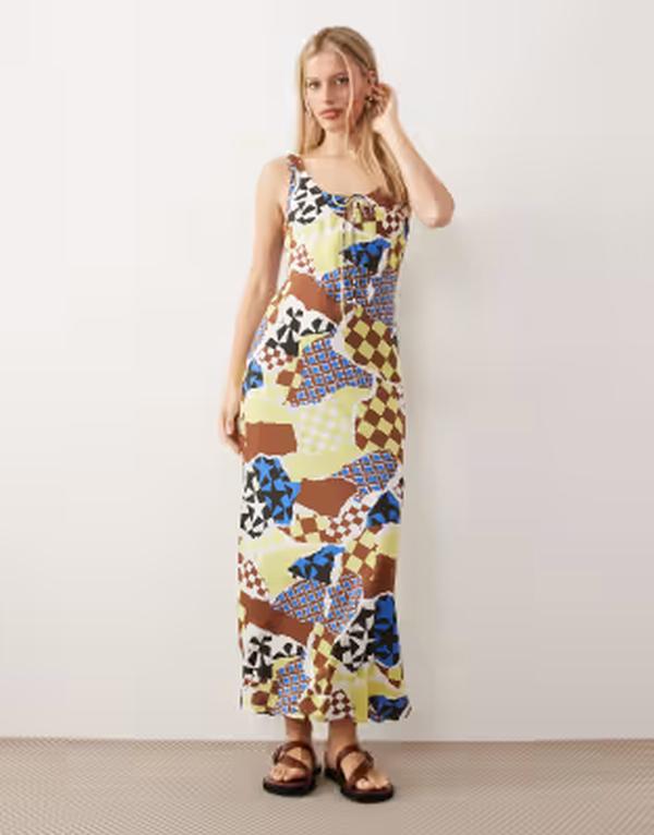 エイソス レディース トップス 衣装 御花柄 刷り上げる midi 御花 ASOS DESIGN scoop neck tie front MIDI dress インチ floral checkerboard print Floral check 照合のしるし