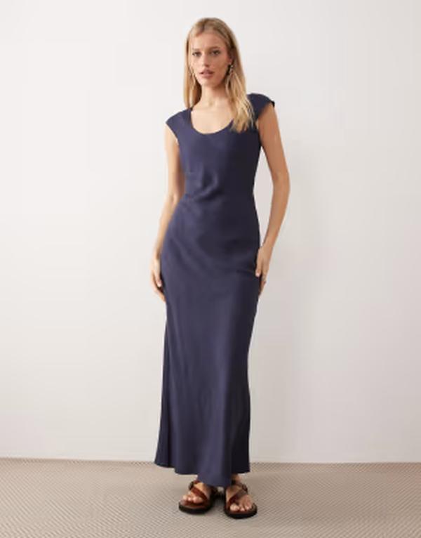 エイソス レディース トップス ワンピース マキシ ASOS DESIGN scoop neck bias cut maxi dress Navy ネイビー