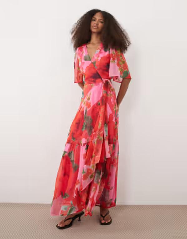 ホープ＆アイビー レディース トップス ワンピース フラワー柄 マキシ フラワー Hope & Ivy flutter sleeve tie waist maxi wrap dress and red floral Pink red floral レッド｜ReVida 店