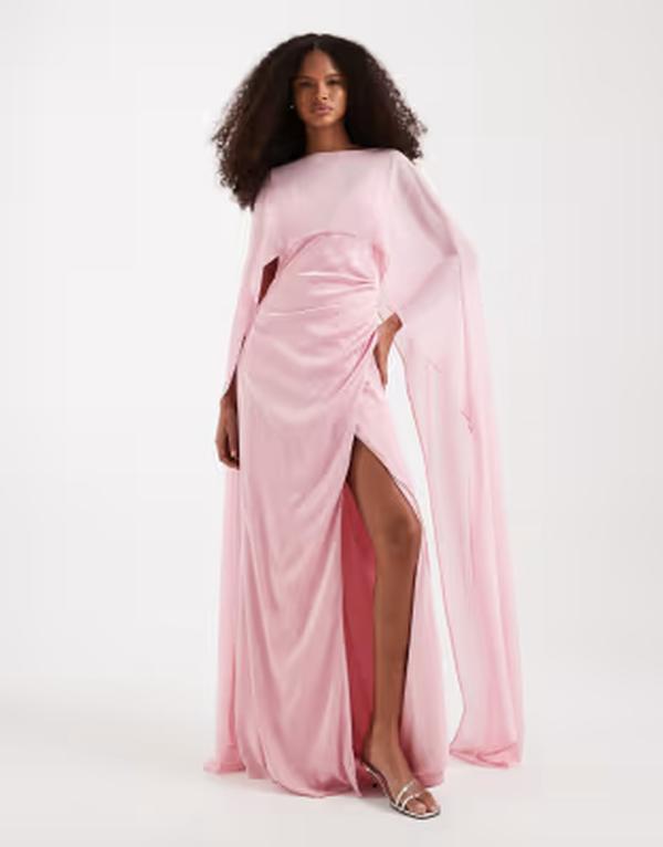 ティエフエヌシー レディース トップス ワンピース ケープデザイン メッシュ サテン キャップ ケープ マキシ TFNC Bridesmaidsatin maxi dress with mesh cape PINK ピンク｜ReVida 店