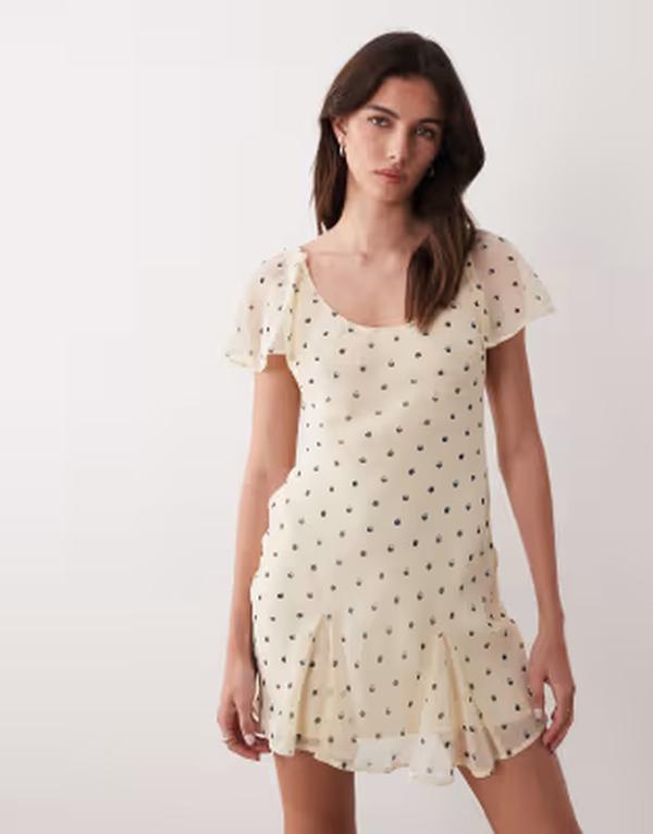 エイソス レディース トップス ワンピース ドット フリル ミニ ASOS DESIGN ruffle sleeve scoop neck bias cut mini dress-black polka dots Blue black spot ブラック 15,466円