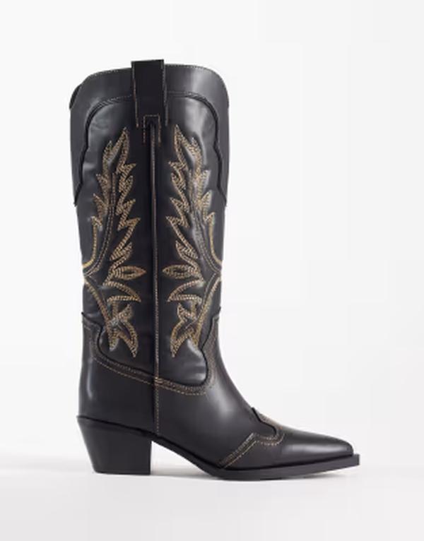 エイソス レディース シューズ ブーツ・レインブーツ ASOS DESIGN Celestine flat cowboy knee boots インチ burnished BLACK BURNISH 黒いこと