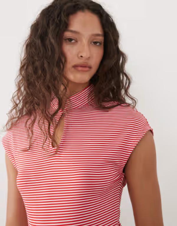 エイソス レディース トップス Tシャツ ASOS DESIGN button detail mandarine striped top Red stripe レッド